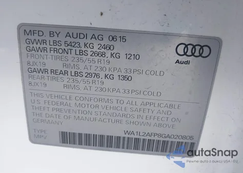 2016 Audi Q5 2.0T Premium из США, поврежденный, VIN WA1L2AFP8GA020805